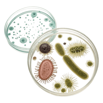 Microscopic View of Diverse Microorganism Colonies in Petri Dishes png