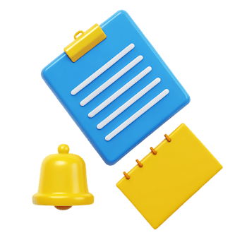3D render of checklist, notepad, and bell notification. png