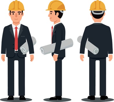 Professional construction worker in three poses wearing a hard hat and formal attire with blueprints, flat illustration vector