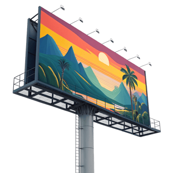 Large Outdoor Billboard Advertising Scenic Tropical Sunset Landscape with Mountains and Palm Trees png