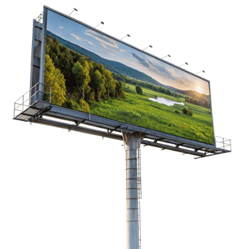 Large outdoor billboard displaying a scenic landscape image of a lush green field, forest, and lake under a sunset sky png