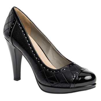 Elegant Black Women's High Heel Pump with Quilted Pattern and Patent Leather Toe png