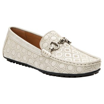 Elegant Mens OffWhite Leather Loafers with Ornate Pattern and Metal Accent png