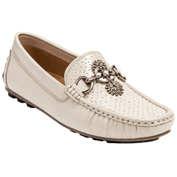 Elegant Womens Off White Leather Loafers with Rhinestone Detail png