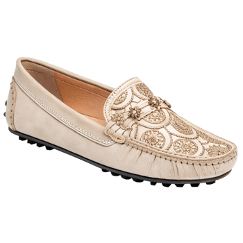 Elegant Beige Women's Embroidered Leather Loafers Comfortable Slip On Flats Casual Shoes png