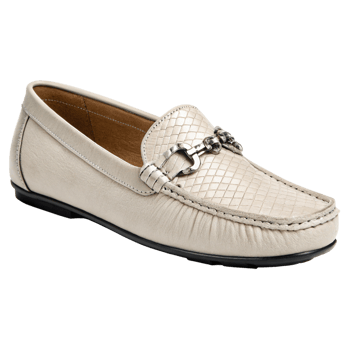 Elegant Beige Leather Loafers with Intricate Woven Pattern and Silver Metal Buckle png