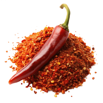A vibrant red chili pepper rests atop a mound of its own crushed flakes and seeds, creating a visually appealing and spicy image perfect for food blogs, recipe websites, or spice packaging png