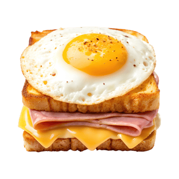 Delicious croque madame sandwich with egg, ham, and cheese on toasted bread png