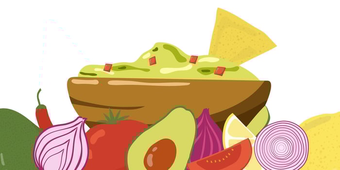 Guacamole sauce in the bowl with all ingredients. Healthy organic food concept with vegetables. Hand drawn illustration vector
