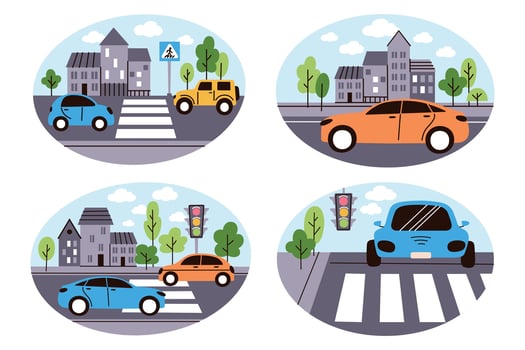 Collection of scenes with city streets, pedestrian crossings, traffic lights, cars stopping on crossings, buildings and trees. illustrations on traffic rules, urban life, road safety, vehicles vector