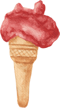 Gelato Ice cream in bright pink color with cone that is drawn and painted by hand in watercolor fine art style png
