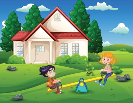 children playing in front of their house vector