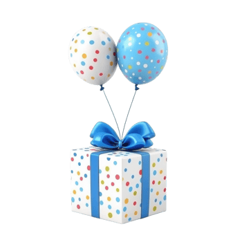 Gift Box with Blue Bow Balloons on transparent background. png