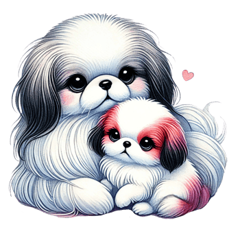 Adorable illustration of a fluffy dog and its puppy cuddling together. Animal cartoon. png