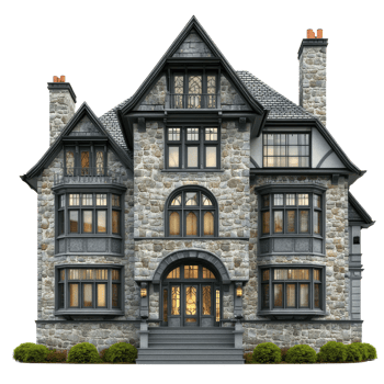 Grey Stone Mansion Large Windows on transparent background. png