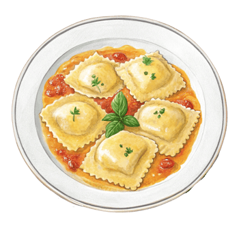 Delicious ravioli served with tomato sauce and fresh herbs. Watercolor clipart png