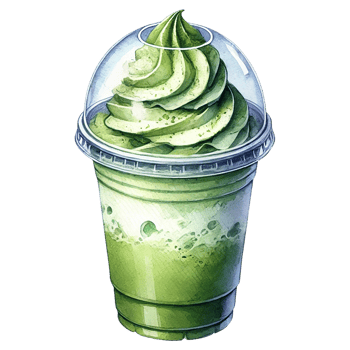Delicious green matcha beverage in a clear cup with whipped cream. watercolor clipart. png
