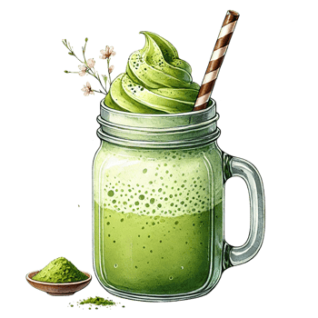 Refreshing green matcha smoothie in a jar with a straw. watercolor clipart. png