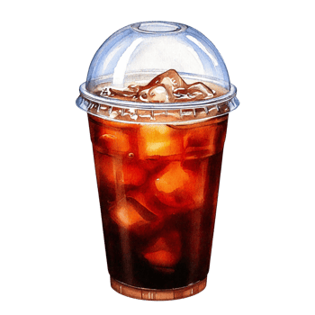 Chilled iced coffee in a transparent cup with ice cubes. Watercolor clipart png