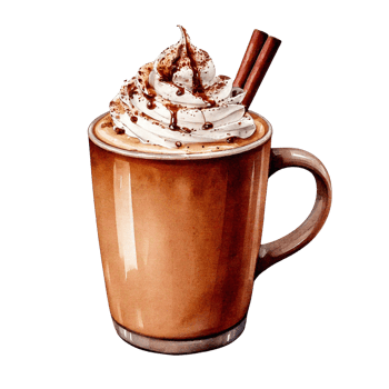 Delicious hot beverage topped with whipped cream and chocolate. Watercolor clipart png