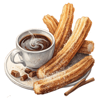 Delicious churros served with a rich cup of hot coffee. Watercolor clipart png