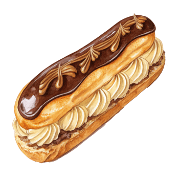 Delicious eclair with chocolate glaze and creamy filling. Watercolor clipart png