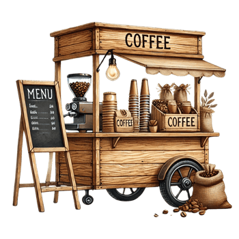 Charming coffee cart with a menu and fresh coffee options. Watercolor clipart png