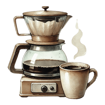 Classic coffee maker brewing fresh coffee with steam rising. Watercolor clipart png