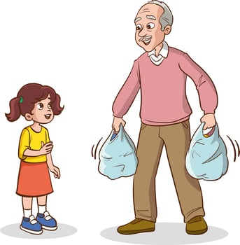 Cute little girl wants to help his grandfather carry the grocery bag vector