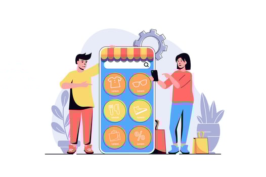 Mobile commerce web concept with cartoon people design. Woman and man making online purchases, ordering clothes, shoes or food at shop in app. Flat illustration isolated on white background. vector