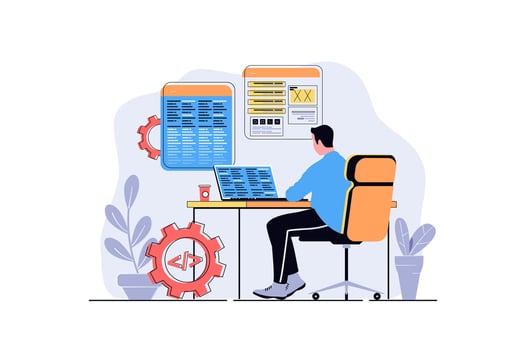 Programmer working web concept with cartoon people design. Man programming software at laptop, engineering and coding, making optimization. Flat illustration isolated on white background. vector