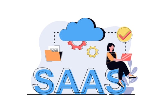 SaaS web concept with cartoon people design. Woman using software as service with online subscription, working with program and cloud technology. Flat illustration isolated on white background. vector