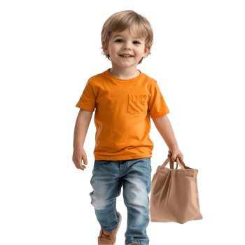 A toddler in an orange shirt and jeans carrying a bag png
