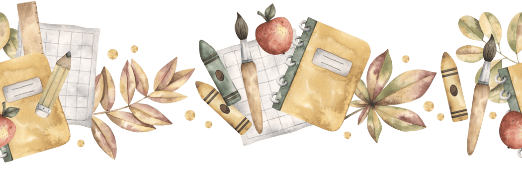 Back to school. Watercolor hand-drawn seamless horizontal board with school supplies, apple and autumn leaves. Cute school pattern for kids png