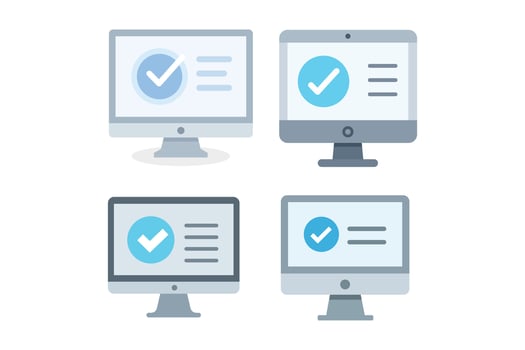 Computer screen showing verified check mark symbol Sets, computer check mark icon, approval check mark, verified check icon, PC verification vector