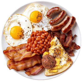 Delicious and Hearty Breakfast Plate with Eggs, Bacon, Sausages, Beans, and Toasted Bread png