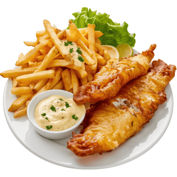 Crispy Fried Fish and Golden French Fries with Fresh Lemon and Garnish on White Plate png