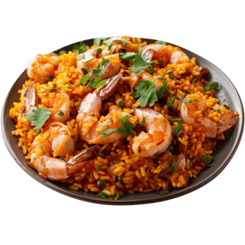 Vibrant Shrimp Rice Dish with Fresh Herbs and Colorful Vegetables Served on a Gray Plate png