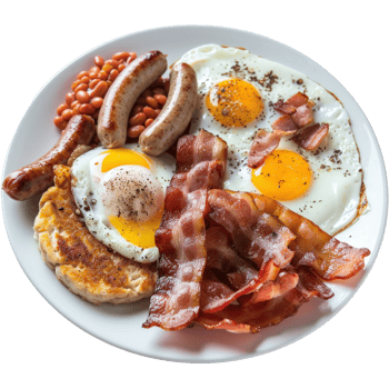 Delicious Breakfast Plate with Eggs, Bacon, Sausages, Baked Beans, and Savory Pancakes png
