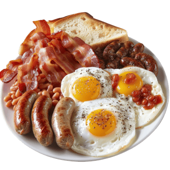 Delicious Breakfast Plate with Eggs, Bacon, Sausages, Beans, and Toast on a White Background png