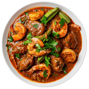 Flavorful Shrimp Dish with Vegetables in Rich Sauce Garnished with Fresh Parsley png