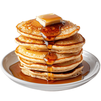 Stack of Homemade Pancakes with Butter and Maple Syrup Drizzling Over the Side png