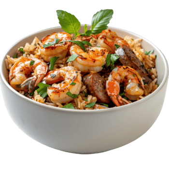 Delicious Shrimp and Sausage with Rice in White Bowl Garnished with Fresh Herbs png