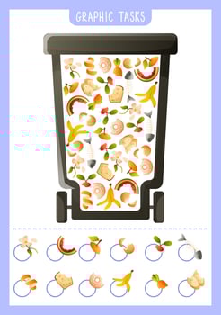 Ecological game for kids, exercise on searching and counting organic waste in a trash can. Puzzle, Sorting garbage, recycling. Eco-friendly learning, workbook for preschoolers Earth Day, zero waste. vector