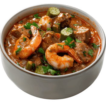 Delicious Shrimp and Okra Gumbo in a Bowl Ready to Serve with Garnish and Herbs png