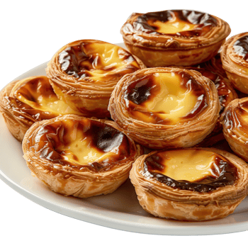 Delicious Portuguese Custard Tarts with Flaky Pastry on a White Plate png