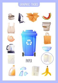 workshop, logic game, search for the right type of garbage for a specific container. Educational game on the topic of waste sorting. The topic of waste sorting for children vector
