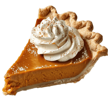 Delicious slice of pumpkin pie topped with whipped cream and sprinkled with cinnamon powder png