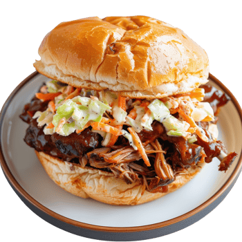 Delicious Pulled Pork Sandwich with Coleslaw on a Soft Bun png