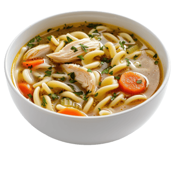 Warm and Comforting Chicken Noodle Soup with Fresh Vegetables and Herbs in a White Bowl png
